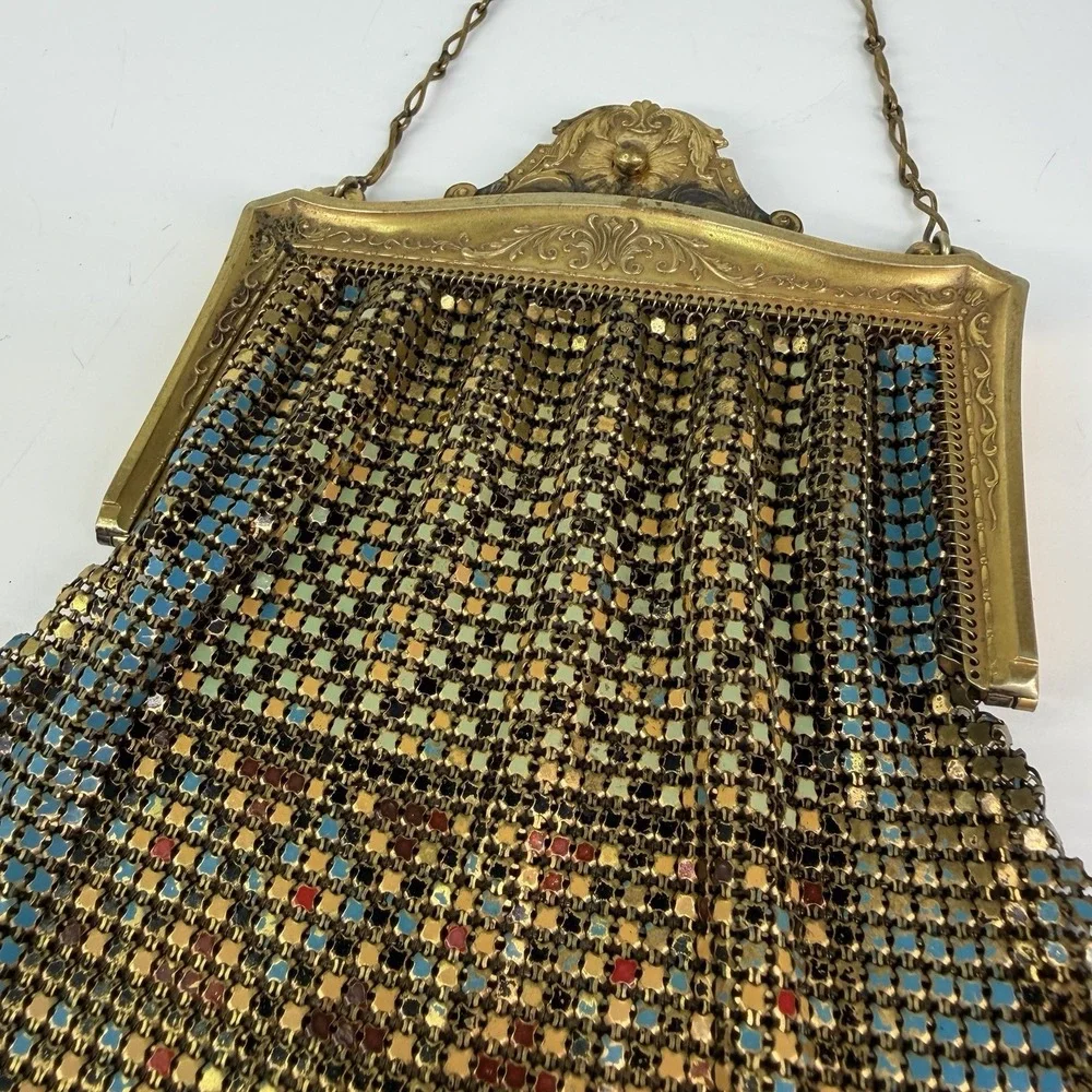 Antique 1920's Whiting & Davis Art Deco Metal Mesh Bag Purse USA Flapper Floral